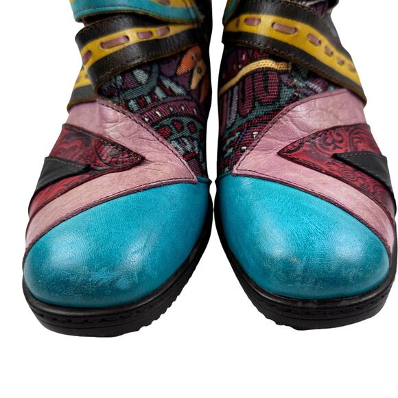 Socofy Retro Boho Multicolor Leather Stretch Fabric Booties Women's 38/7-7.5 - Picture 4 of 11